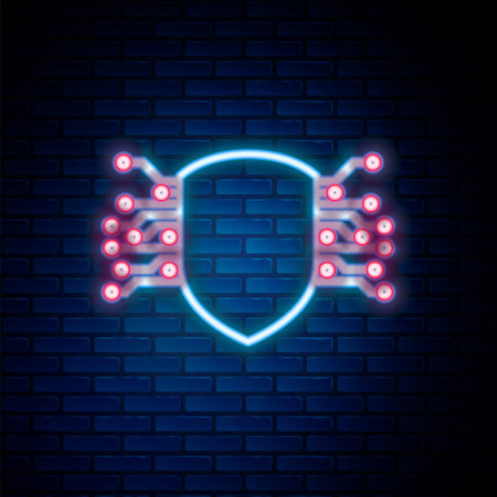 Glowing neon line Cyber security icon isolated on brick wall background. Shield sign. Safety concept. Digital data protection. Colorful outline concept. Vectorのイラスト素材
