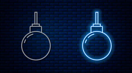 Glowing neon line Lamp hanging icon isolated on brick wall background. Ceiling lamp light bulb. Vectorのイラスト素材
