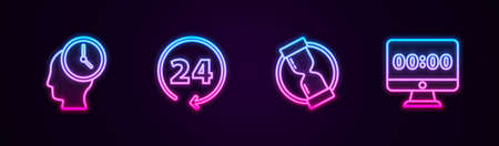 Set line Time Management, Clock 24 hours, Old hourglass and on monitor. Glowing neon icon. Vectorのイラスト素材