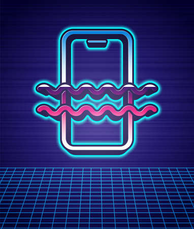 Retro style Waterproof mobile phone icon isolated futuristic landscape background. Smartphone with drop of water. 80s fashion party. Vectorのイラスト素材