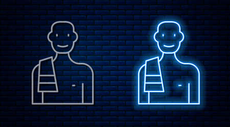 Glowing neon line Man in the sauna icon isolated on brick wall background. Vectorのイラスト素材
