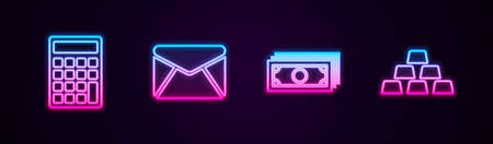 Set line Calculator, Envelope, Stacks paper money cash and Gold bars. Glowing neon icon. Vectorのイラスト素材