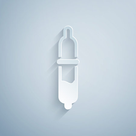 Paper cut Pipette icon isolated on grey background. Element of medical, chemistry lab equipment. Pipette with drop. Medicine symbol. Paper art style. Vectorのイラスト素材
