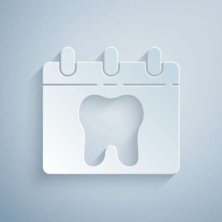 Paper cut Calendar with tooth icon isolated on grey background. International Dentist Day, March 6. March holiday calendar. Paper art style. Vectorのイラスト素材