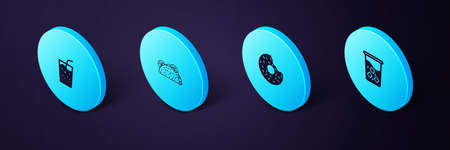Set Isometric Glass with water, Donut, Taco tortilla and icon. Vectorのイラスト素材