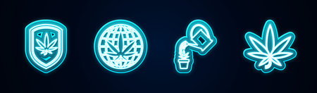 Set line Shield and marijuana, Legalize, Watering can and Marijuana or cannabis leaf. Glowing neon icon. Vectorのイラスト素材