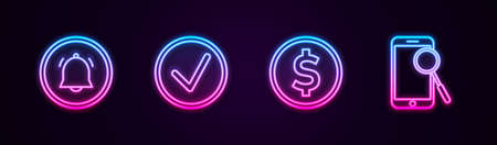 Set line Button chat notification, Check mark in circle, Coin money with dollar and Mobile phone diagnostics. Glowing neon icon. Vectorのイラスト素材