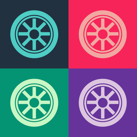 Pop art Car wheel icon isolated on color background. Vector