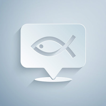 Paper cut Christian fish symbol icon isolated on grey background. Jesus fish symbol. Paper art style. Vectorのイラスト素材