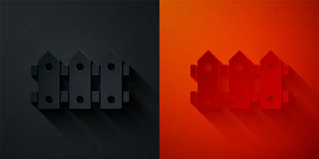 Paper cut Garden fence wooden icon isolated on black and red background. Paper art style. Vectorのイラスト素材