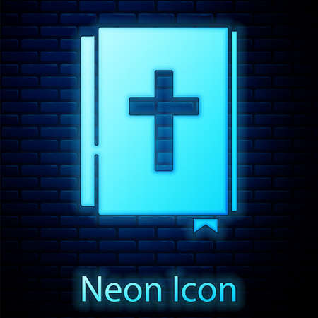 Glowing neon Holy bible book icon isolated on brick wall background. Vectorのイラスト素材