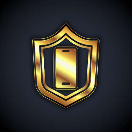 Gold Smartphone, mobile phone with security shield icon isolated on black background. Security, safety, protection concept. Vectorのイラスト素材