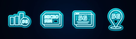 Set line 5G network, Micro Sim Card, and Location. Glowing neon icon. Vectorのイラスト素材