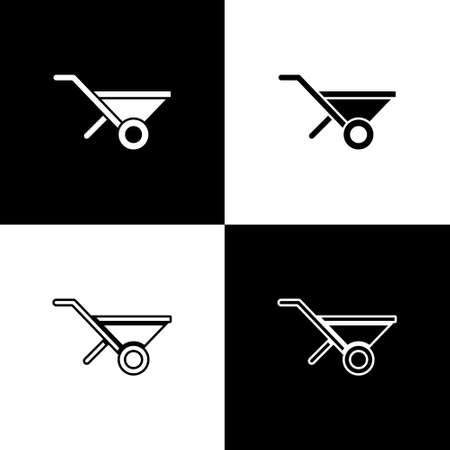 Set Wheelbarrow icon isolated on black and white background. Tool equipment. Agriculture cart wheel farm. Vectorのイラスト素材