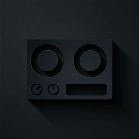 Paper cut Gas stove icon isolated on black background. Cooktop sign. Hob with four circle burners. Paper art style. Vectorのイラスト素材