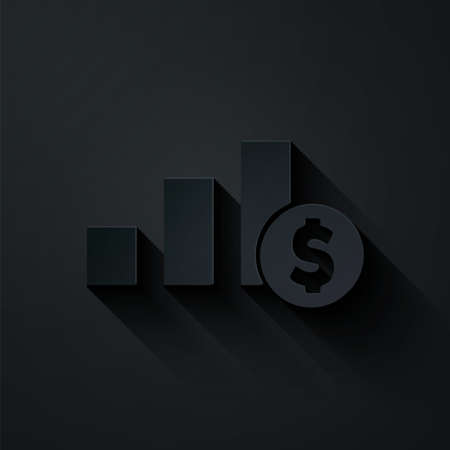 Paper cut Chart infographic and dollar symbol icon isolated on black background. Diagram chart sign. Paper art style. Vectorのイラスト素材