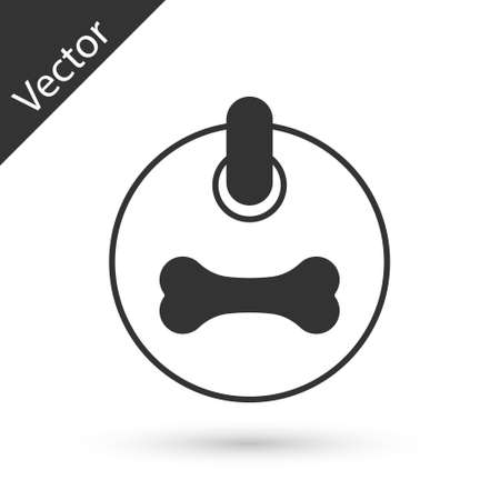Grey Dog collar with name tag and bone plaque icon isolated on white background. Supplies for domestic animal. Cat and dog care. Pet dog chains. Vectorのイラスト素材
