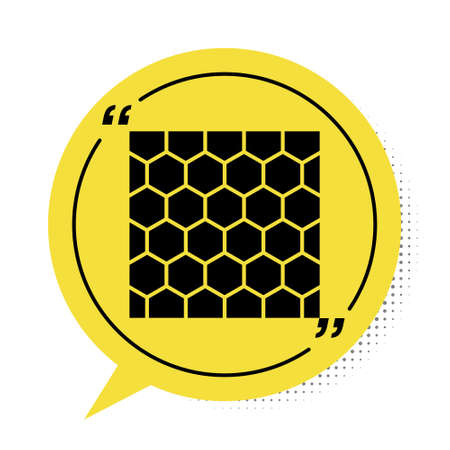 Black Honeycomb icon isolated on white background. Honey cells symbol. Sweet natural food. Yellow speech bubble symbol. Vectorのイラスト素材