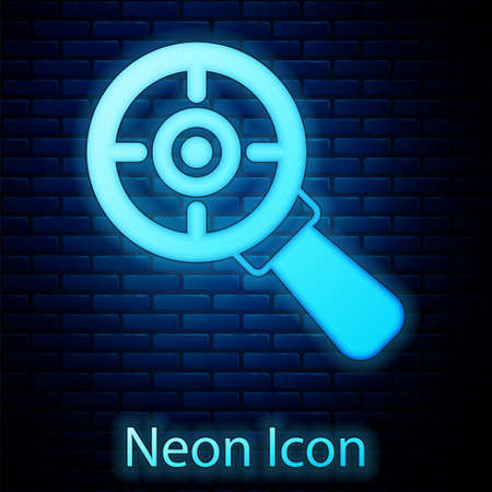 Glowing neon Target financial goal concept with magnifying glass icon isolated on brick wall background. Symbolic goals achievement, success. Vectorのイラスト素材