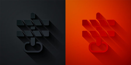 Paper cut Road barrier icon isolated on black and red background. Symbol of restricted area which are in under construction processes. Repair works. Paper art style. Vectorのイラスト素材