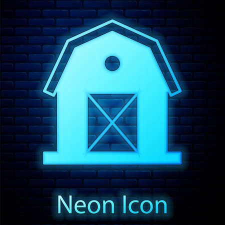 Glowing neon Farm house icon isolated on brick wall background. Vectorのイラスト素材