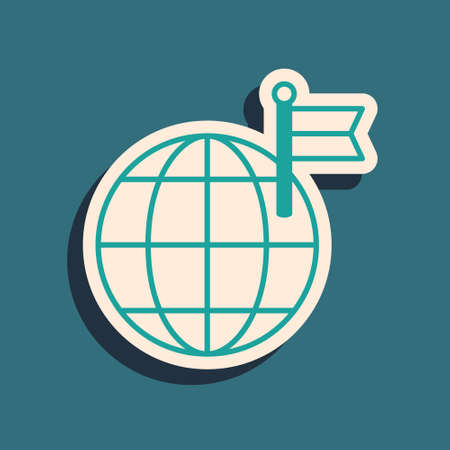Green Planet with flag icon isolated on green background. Victory, winning and conquer adversity concept. Long shadow style. Vectorのイラスト素材