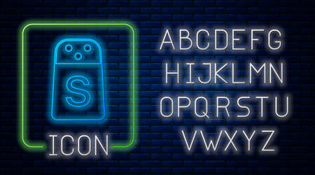Glowing neon Salt icon isolated on brick wall background. Cooking spices. Neon light alphabet. Vectorのイラスト素材