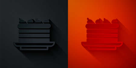 Paper cut Cake icon isolated on black and red background. Happy Birthday. Paper art style. Vectorのイラスト素材