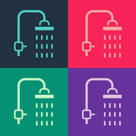 Pop art Shower head with water drops flowing icon isolated on color background. Vectorのイラスト素材