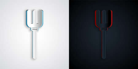 Paper cut Garden pitchfork icon isolated on grey and black background. Garden fork sign. Tool for horticulture, agriculture, farming. Paper art style. Vectorのイラスト素材