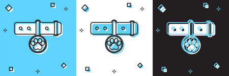 Set Collar with name tag icon isolated on blue and white, black background. Supplies for domestic animal. Dog or cat paw print. Cat and dog care. Pet chains. Vectorのイラスト素材