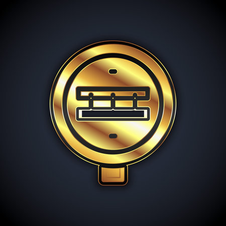 Gold Railroad crossing icon isolated on black background. Railway sign. Vectorのイラスト素材