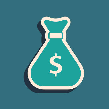 Green Money bag icon isolated on green background. Dollar or USD symbol. Cash Banking currency sign. Long shadow style. Vectorのイラスト素材
