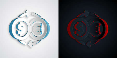 Paper cut Money exchange icon isolated on grey and black background. Euro and Dollar cash transfer symbol. Banking currency sign. Paper art style. Vectorのイラスト素材