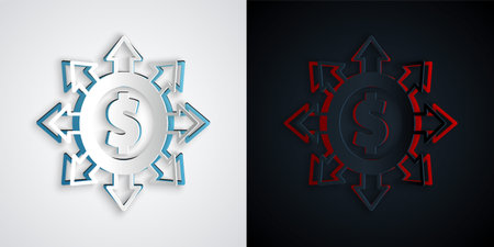 Paper cut Dollar, share, network icon isolated on grey and black background. Paper art style. Vector