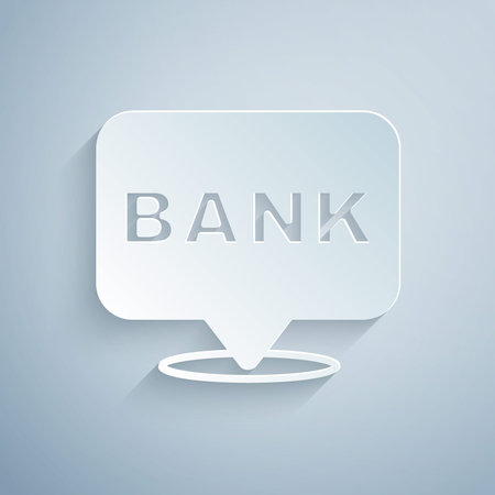 Paper cut Bank building icon isolated on grey background. Paper art style. Vectorのイラスト素材