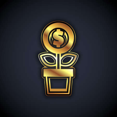 Gold Dollar plant icon isolated on black background. Business investment growth concept. Money savings and investment. Vectorのイラスト素材