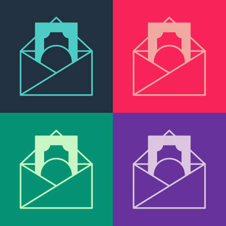 Pop art Envelope with coin dollar symbol icon isolated on color background. Salary increase, money payroll, compensation income. Vectorのイラスト素材