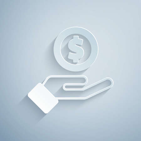 Paper cut Human hand giving money icon isolated on grey background. Receiving money icon. Paper art style. Vectorのイラスト素材