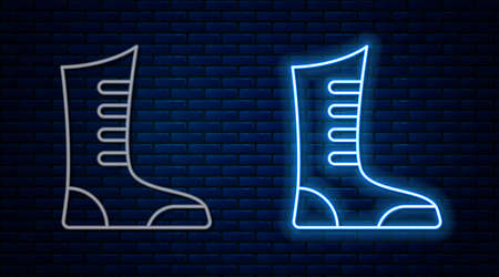 Glowing neon line Sport boxing shoes icon isolated on brick wall background. Wrestling shoes. Vectorのイラスト素材
