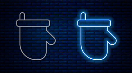 Glowing neon line Sauna mittens icon isolated on brick wall background. Mitten for spa. Vectorのイラスト素材
