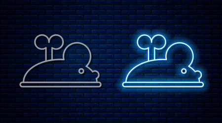 Glowing neon line Clockwork mouse icon isolated on brick wall background. Wind up mouse toy. Vectorのイラスト素材