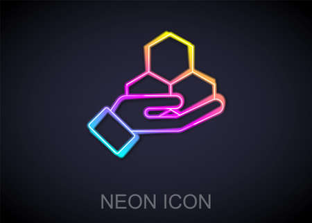Glowing neon line Honeycomb and hand icon isolated on black background. Honey cells symbol. Sweet natural food. Vectorのイラスト素材