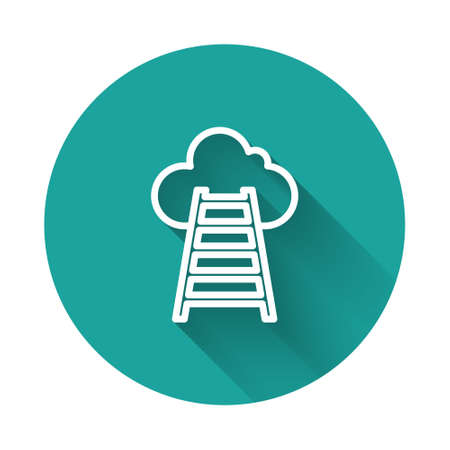 White line Stair with finish flag icon isolated with long shadow background. Career growth business concept. Concept of business development. Green circle button. Vectorのイラスト素材