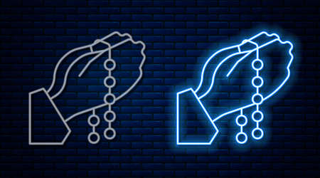 Glowing neon line Hands in praying position with rosary icon isolated on brick wall background. Praying hand islam muslim religion spirituality religious. Vectorのイラスト素材