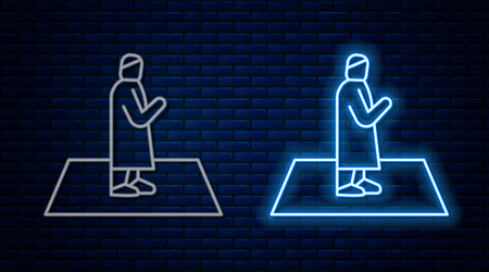 Glowing neon line Muslim man prays on the carpet icon isolated on brick wall background. Vectorのイラスト素材