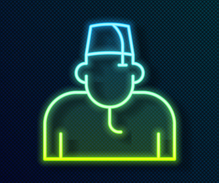 Glowing neon line Muslim man icon isolated on black background. Vectorのイラスト素材