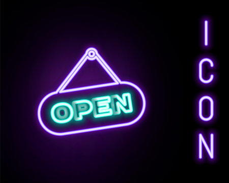 Glowing neon line Hanging sign with text Open door icon isolated on black background. Colorful outline concept. Vectorのイラスト素材