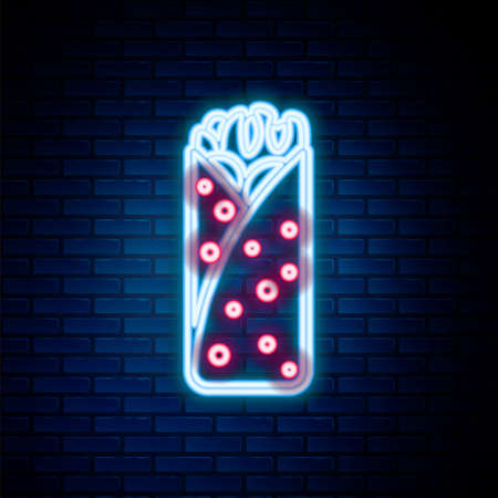 Glowing neon line Burrito icon isolated on brick wall background. Traditional mexican fast food. Colorful outline concept. Vectorのイラスト素材