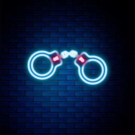 Glowing neon line Handcuffs icon isolated on brick wall background. Colorful outline concept. Vectorのイラスト素材